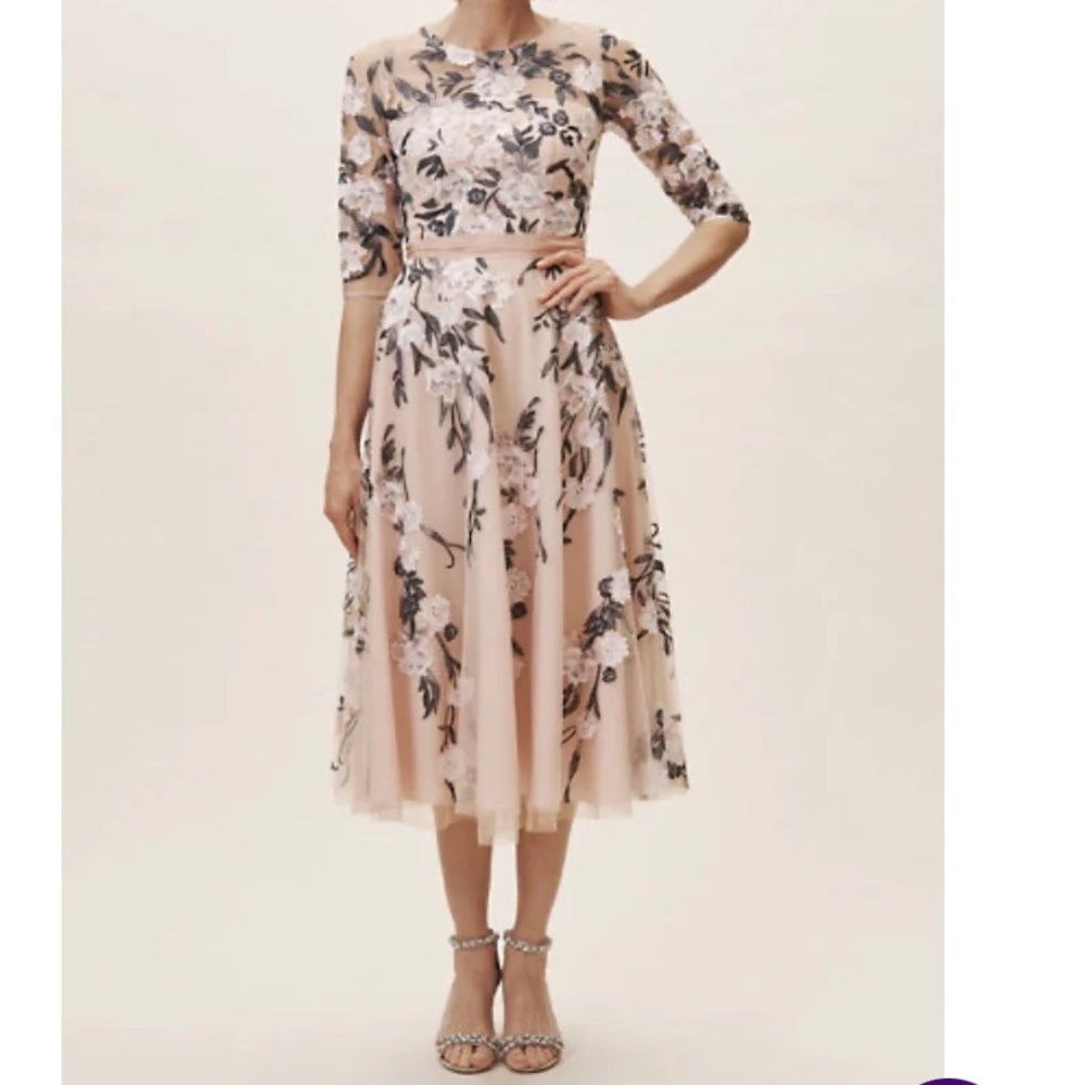 🆕BHLDN Linden Pink/Blue Floral Embroidered Tulle Illusion‎ Neck MOB Dress SZ 12